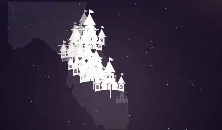 A map of the United States, every castle marking a pin we have sent out