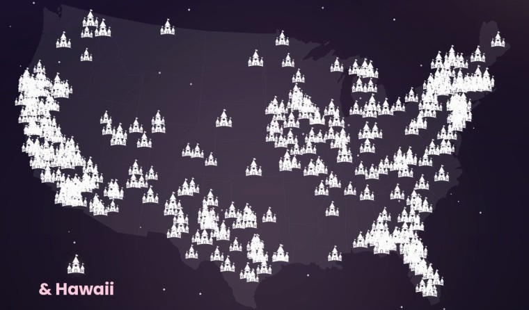 A map of the United States, every castle marking a pin we have sent out